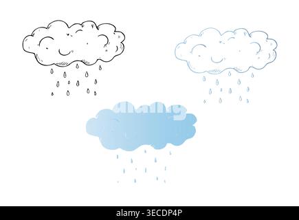 Vector blue rain clouds. Graphic hand drawn weather element with falling precipitation illustration isolated on background. For designer, weather Stock Vector