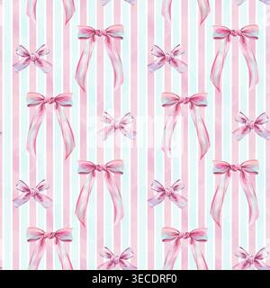 Watercolor seamless pattern with decorative pink bows and ribbons on striped background. Artistic hand drawn textile texture for wrapping paper Stock Vector