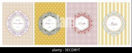 Vintage set vector frames with backgrounds. Retro collection for wedding, cards, invitation, poster. Hand drawn flourishes ornament elements. Stock Vector