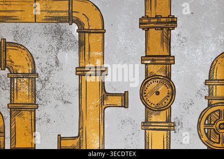 Steampunk style golden plumbing pipes and valves background Stock Photo