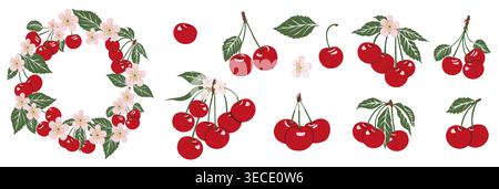 Cherry set with branches, berries, pink blossoms Stock Vector