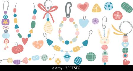 Set of colorful, delicate, and cute ceramic and clay bead jewelry. Beads, bracelet, pendant, decorative pendant, and keychain clip art. Vector graphic Stock Vector