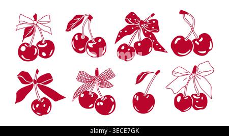 Red cherries with bows in hand-drawn coquete style Stock Vector