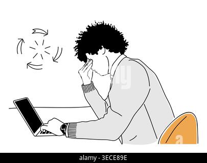 Man sits at laptop, rubbing his forehead Stock Vector