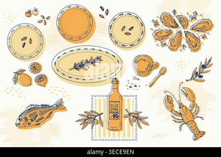 Hand drawn seafood food set with fish oysters lobster olive oil lemon plates Stock Vector