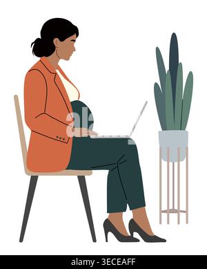 Pregnant business woman sits, focused on laptop Stock Vector