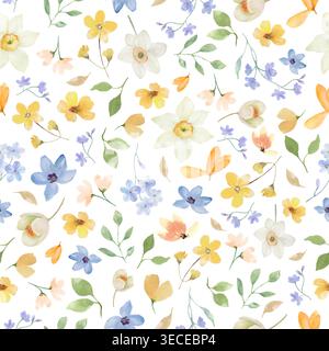 Seamless watercolor pattern with pink, blue flowers. Hand painted floral repeat background for wedding invites, textile, wallpaper. Vector Stock Vector