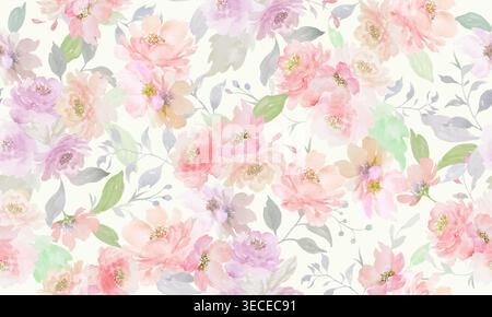 Seamless watercolor floral pattern with delicate pink peonies and purple roses, elegant hand painted botanical background for textile. Vector EPS. Stock Vector