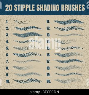 Ink scatter brush, stipple drawing and texturing. Fading gradient. Stippling, dotwork drawing, shading using dots. Halftone disintegration effect Stock Vector