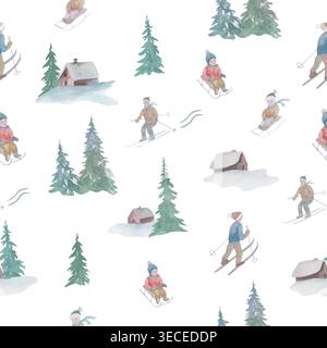 Watercolor winter seamless pattern with skiers, children sledding, cozy cabins. Snowy forest landscape repeat background for textile, wrapping. Vector Stock Vector