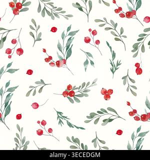 Watercolor seamless pattern with red berries, green leaves. Botanical winter holiday repeat background for wrapping paper, textile, wallpaper. Vector. Stock Vector