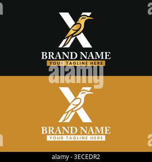 Elegant Letter X Bird Logo Design A modern logo a stylized bird perched gracefully atop the letter X, representing the brand with elegance and nature. Stock Vector
