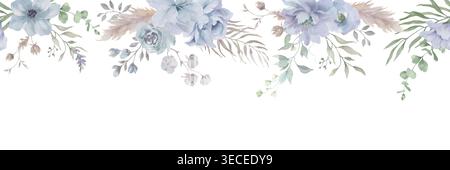 Dusty Blue Watercolor Floral seamless border with Pampas Grass, Cotton, Eucalyptus. Hand drawn pattern  isolated on white for wedding. Vector EPS. Stock Vector