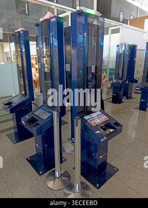 Blue Reco 3.26 automated passport eGates at an Italian non-Schengen airport border, using biometrics for EES passport control. Stock Photo
