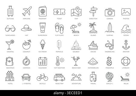 Minimal thin line summer travel icon set with vacation elements Stock Vector