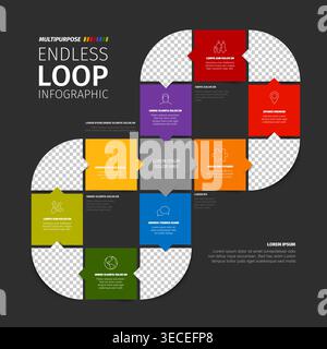 An endless loop infographic featuring colorful square steps for a business presentation. This endless loop infographic design includes photo placehold Stock Vector