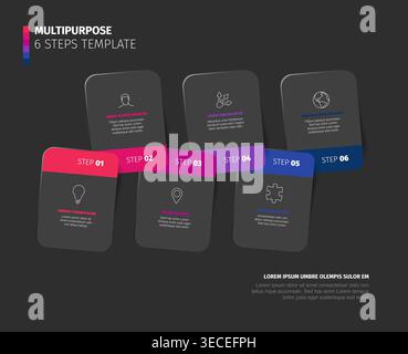 A modern infographic template with 6 steps featuring colorful dark cards for business presentations. This 6 steps infographic template uses dark cards Stock Vector