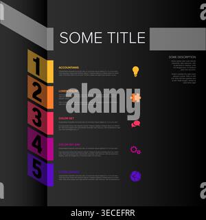 Professional infographic template featuring a five step process design on a dark background. This five step process infographic uses vibrant colors an Stock Vector