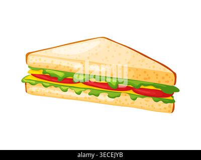 Cartoon illustration of a triangle club sandwich with white bread, fresh lettuce, tomato and cheese layers, isolated on white background, food and pic Stock Vector