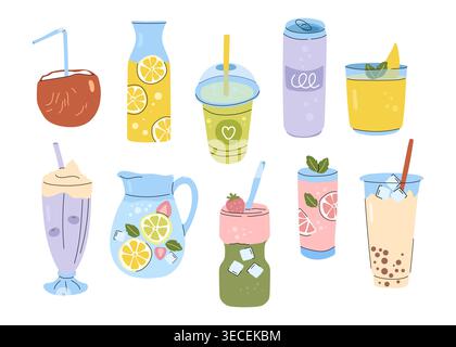 Set of colorful summer drinks cocktails and refreshing beverages vector illustration flat Stock Vector