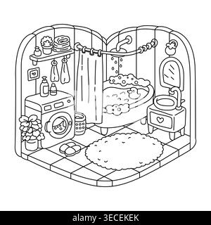 Cozy bathroom interior scene line art for coloring book vector Stock Vector
