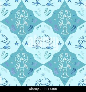 Seamless vector pattern with lobster, crab and starfish in geometric shapes on blue background. Marine repeat design for textile, packaging and decor. Stock Vector