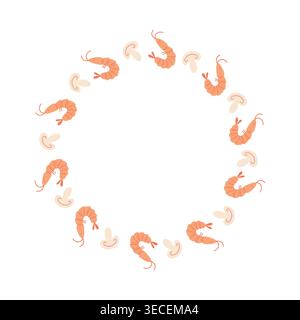 Shrimp and Mushroom Round Frame Isolated on White Stock Vector