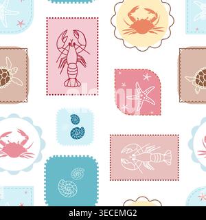 Seamless vector marine pattern with crab, lobster, turtle and starfish in decorative frames. Summer nautical repeat design for textile and packaging. Stock Vector