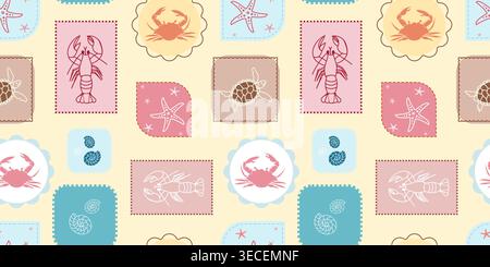 Seamless vector pattern featuring crabs, lobsters, and sea turtles on decorative stamps and labels. Ideal for summer beach decor and textile design. Stock Vector