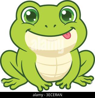 Cute green frog cartoon vector illustration with big glossy eyes and tongue out. Stock Vector