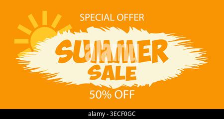 Bright summer sale announcement showcasing 50 percent discount on various products during the warm season Stock Vector