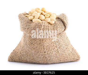 Peanuts in burlap bag isolated on white Stock Photo