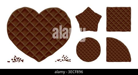 Vector heart waffle, wafer chocolate seamless texture, Belgian star cookie icon. Food square pattern and brown round biscuit, Belgian cake bg Stock Vector
