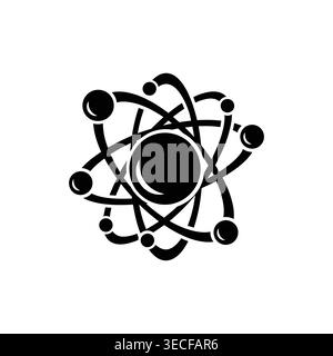 Black silhouette atom icon with central nucleus and multiple orbiting electrons on white background, science and physics symbol Stock Vector