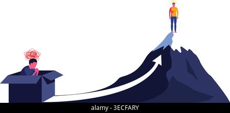 Person escaping a box and climbing a mountain arrow path to reach the summit, conceptual illustration of growth, change and transformation Stock Vector