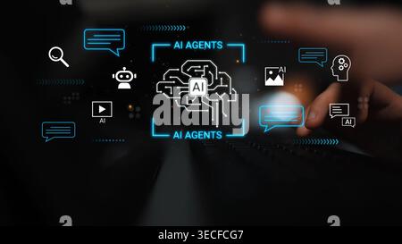 Futuristic Concept of AI Agents with Digital Brain and Communication Icons Representing Technology and Innovation for Modern Applications Gluon. Stock Photo