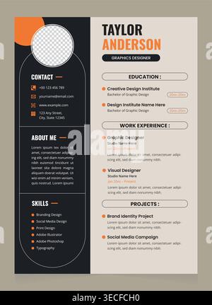 Modern Graphic Designer Resume Template with Orange Accent | Professional CV Layout Design Stock Vector