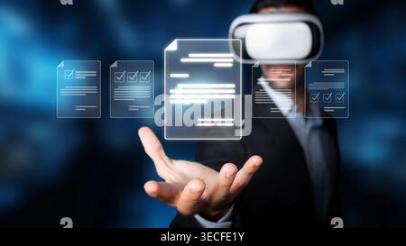 Businessman wears a virtual reality headset, engaged in an interactive experience with floating digital documents, embodying the future of technology Stock Photo