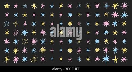 Hand drawn pastel star set with pink, blue and yellow doodle sparkles, cute crayon celestial collection isolated on white background, whimsical magic shapes, decorative vector elements for design Stock Vector