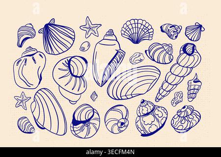 A large set of linear hand-drawn outlines of mollusc shells and sea snails with craft textures on the background Stock Vector