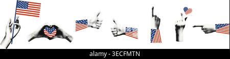Human hands with American flag halftone collage vector illustration Stock Vector
