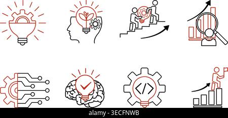 Innovation Icons Set. Vector Icons of Success, Teamwork, Development, Technology, Analysis, Creativity, Inspiration, and Innovation Stock Vector