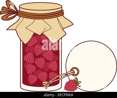 Small Rustic Glass Jar Of Raspberry Jam. Homemade Natural Preserve With Craft Paper Lid. Blank Round Label Tag On String. Summer Fruit Food. Classic K Stock Vector
