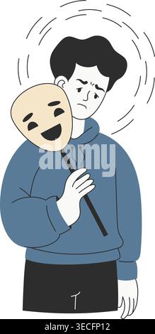 Neurodiversity Life. Autistic Masking Concept. Man Holding False Smile Mask Over Exhausted and Tired Real Face. Social Conformity. Minimalist Vector I Stock Vector