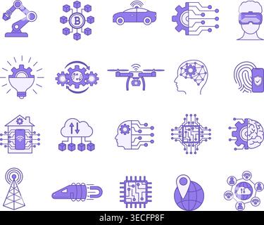 Colored Technology Icons. Vector Icons of Geolocation, Virtual Reality, Blockchain, Internet of Things, Robotics, Autonomous Car, and More Stock Vector