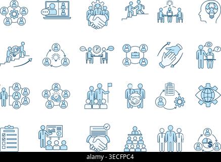 Colored Set of Teamwork Icons. Vector Icons Collaboration, Webinar, Colleague, Teamwork, Presentation, Meeting, Leadership, Brainstorming, and More Stock Vector
