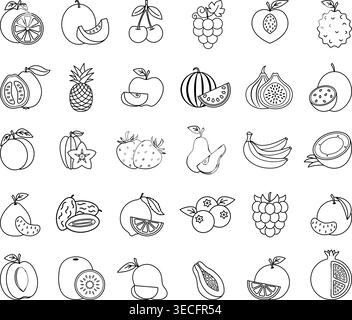Fruit Icon Set. Vector Icons of Apple, Pear, Kiwi, Watermelon, Orange, Peach, Apricot, Passion Fruit, Pineapple, Fig, Strawberry, Pomelo, Banana, Rasp Stock Vector