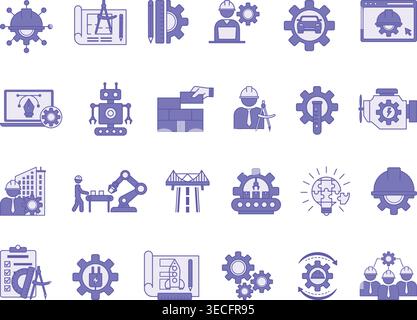 Colored Engineering Icon Set. Vector Illustrations Engineer, Construction, Drawing, Manufacturing, Mechanical Engineering, Design, Robotics, and More Stock Vector