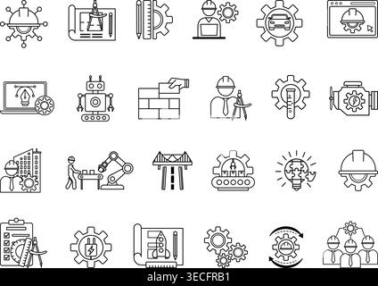 Engineering Icon Set. Vector Illustrations Engineer, Construction, Drawing, Manufacturing, Mechanical Engineering, Robotics, IT Engineering, and More Stock Vector