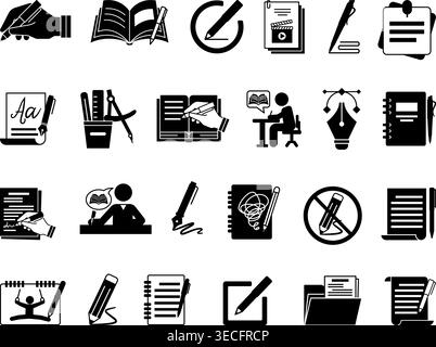 Glyph Writing Icon Set. Vector Icons Book, Compose, Writer, Stationery, Edit, Document, Draw, Pencil, Calligraphy, Quill, Author, Notepad, and More Stock Vector